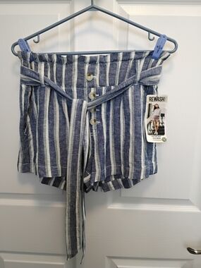 Rewash Blue & White Beachy Striped High-Waist Tie Shorts
